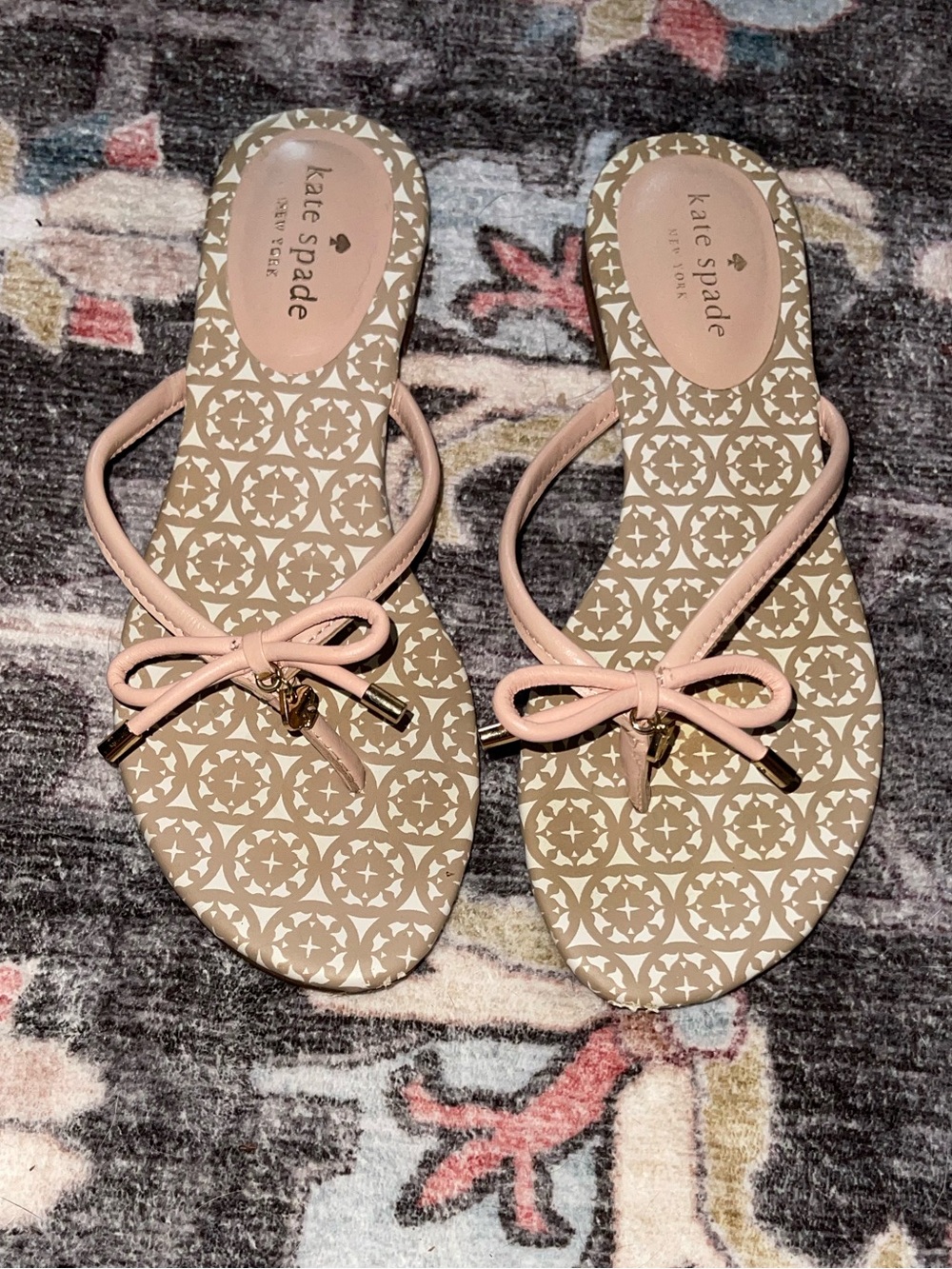 Kate Spade beige patterned sandals with pale pink bow